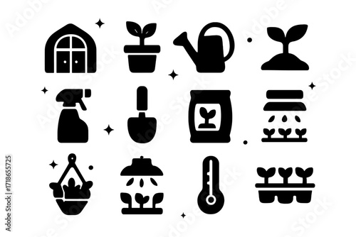 Greenhouse Gardening Icons. Greenhouse Gardening. Solid icons set of greenhouse gardening: greenhouse, potted plant, watering can, sprout, spray bottle,