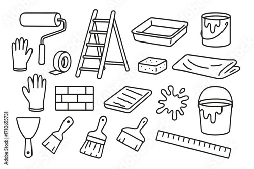 Wall Painting Essentials. Wall Painting. Hand-drawn doodle illustration wall painting roller brush, ladder, paint can, tray, gloves, tape, drop cloth, sponge,