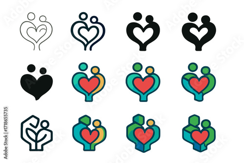 Family Tree Logos. Set Logo of Parents? Joy: Family tree with heart. Logo set in vector style, emblematic variations. line, bold thick line, solid black