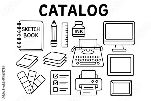 Illustration Tools Collage. Print Design. Hand-drawn doodle illustration catalog cover, sketchbook, pencil, ruler, paper stack, ink bottle, typewriter,