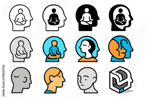 Mindfulness Logo Variations. Set Logo of Behavior Management: Mindfulness icon. Logo set in vector style, emblematic variations. line, bold thick line, solid