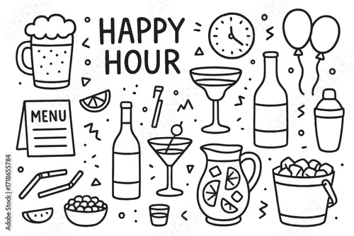 Happy Hour Doodles. Happy hour. Hand-drawn doodle illustration happy hour beer pint, margarita glass, wine bottle, martini glass, sangria pitcher, cocktail