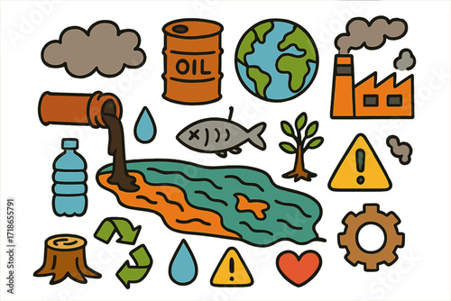 Polluted River Cartoon. Environmental impact. Colorful Hand-drawn doodle Children illustration polluted river, dead fish, oil barrel, rusty pipe, smoke cloud,