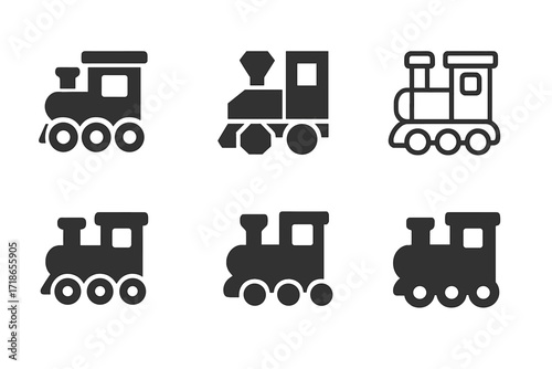 Toy Train Logos. Children?s Toys. Set Logo of Children?s Toys: Toy train. harmonious logo variations of the same emblematic concept, each with different