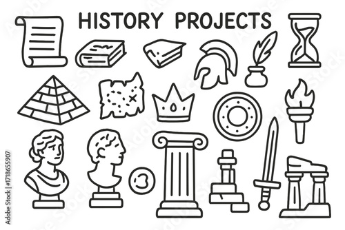 History Projects Icons. History projects. Hand-drawn doodle illustration history projects scroll, ancient book, quill, hourglass, pyramid, helmet, shield,