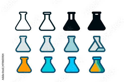 Colorful Flask Logos. individual therapySet Logo of Flasks: Classic laboratory Erlenmeyer flask. Logo set in vector style, emblematic variations. line, bold