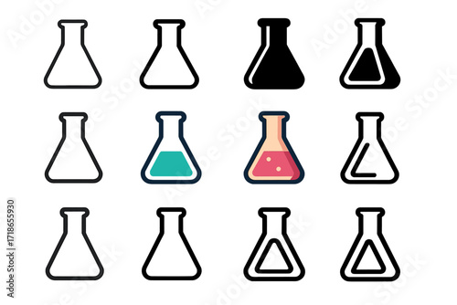 Laboratory Flask Logo Set. Set Logo of Flasks: Classic laboratory Erlenmeyer flask. Logo set in vector style, emblematic variations. line, bold thick line,