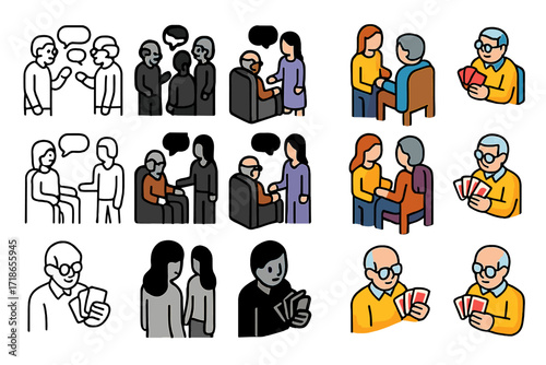 Senior Interaction Icons. Icon Set of Social interaction: group of seniors talking, elder with visitor, card games. Icons set in vector style, emblematic