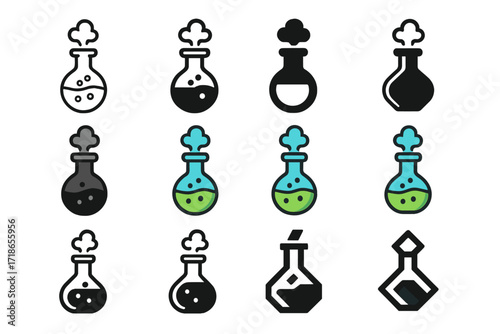 Bubbling Flask Logos. Set Logo of Flasks: Flask with bubbling potion and vapor. Logo set in vector style, emblematic variations. line, bold thick line, solid