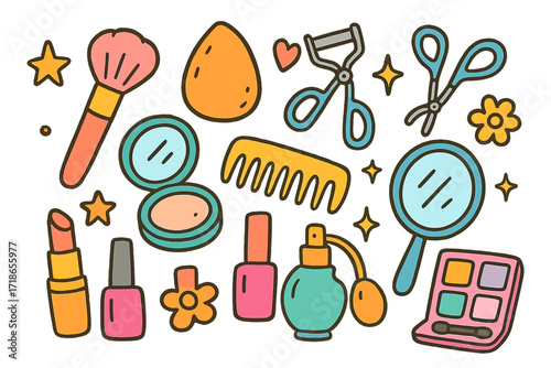 Colorful Beauty Doodles. Beauty tools. Colorful Hand-drawn doodle Children illustration makeup brush, sponge, eyelash curler,