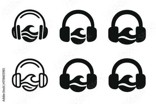 Relaxing Music Logos. relaxing music. Set Logo of relaxing music: headphones with soft waves. harmonious logo variations of the same emblematic concept, each
