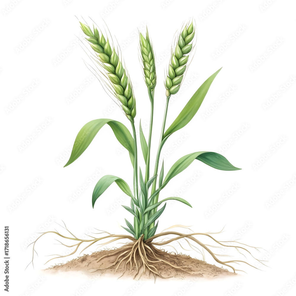 Fototapeta premium Green wheat plant with roots isolated on transparent background, watercolor style