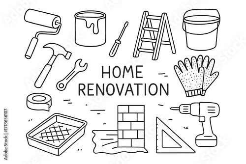 Home Renovation Tools. Home Renovation. Hand-drawn doodle illustration home renovation roller brush, paint can, ladder, bucket, hammer, screwdriver, wrench,