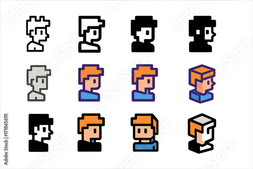 NFT Pixel Art Logos. Set Logo of Digital Art Collectibles and NFTs: Pixel art character. Logo set in vector style, emblematic variations. line, bold thick