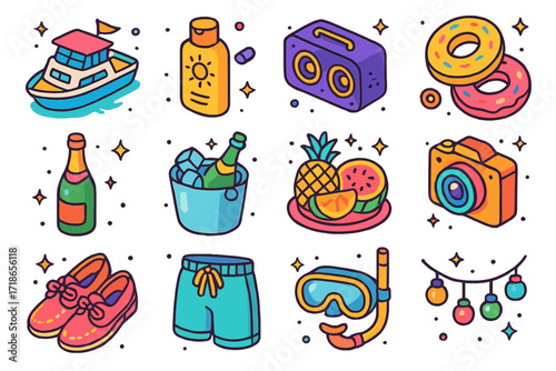 Boat Party Essentials. Colorful isometric vector icons set of boat party essentials: party boat, sunscreen bottle, portable
