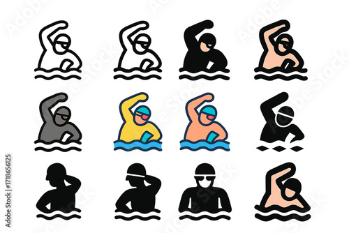 Athlete Warm-Up Logos. Set Logo of Athletes Warming Up: Swimmer shoulder rolls. Logo set in vector style, emblematic variations. line, bold thick line, solid