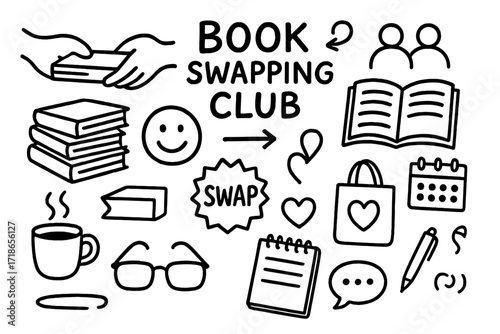 Book Swap Club. Hand-drawn doodle illustration Book swapping club [hand passing book, stack of books, open journal, people icons, smile face, arrow icon,
