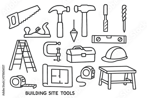 Construction Tools Doodle. Hand-drawn doodle illustration building site tools saw, hammer, mallet, chisel, auger, plane, clamp, plumb line, spirit level,