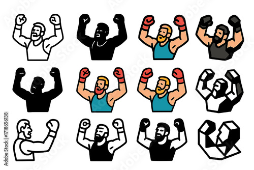 Fighter Victory Logos. Set Logo of Fighter Victory: emotional fighter moment. Logo set in vector style, emblematic variations. line, bold thick line, solid
