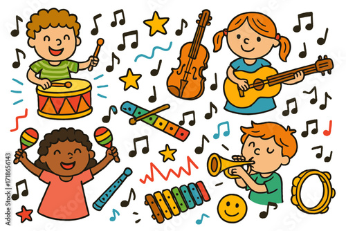 Musical Kids Doodle. Colorful Hand-drawn doodle Children illustration Playing musical instruments drum, guitar, keyboard, trumpet, violin, maracas, xylophone,