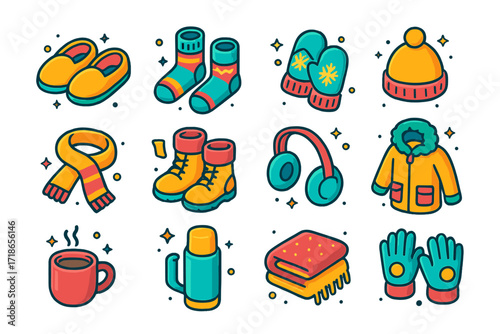 Colorful Winter Gear Icons. Winter wear. Colorful isometric vector icons set of winter wear: wool slippers, knitted socks, mittens