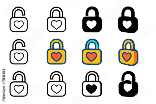 Heart Padlock Logo Variations. Set Logo of Vulnerability Symbols: Unlocked Padlock with Heart. Logo set in vector style, emblematic variations. line, bold