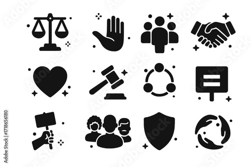 Icons of Fairness. Fairness. Solid icons set of balanced scale, open hand, group of people, handshake, heart, justice hammer, inclusive circle, equality