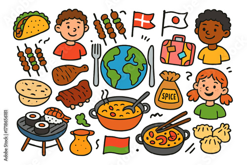 Global BBQ Feast. Colorful Hand-drawn doodle Children illustration BBQ around the world tacos, kebabs, satay sticks, ribs, jerk chicken, dumplings, pita bread,
