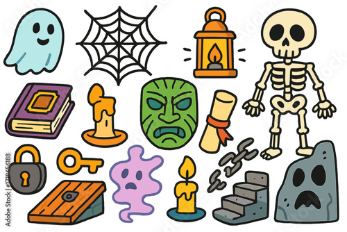 Colorful Dungeon Doodles. Colorful Hand-drawn doodle Children illustration Haunted dungeon ghost, cobweb, old book, lantern,