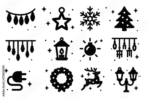 Christmas Lights Icons. Christmas lights. Solid icons set of Christmas lights: bulb string, star light, snowflake light, Christmas tree lights, icicle lights,