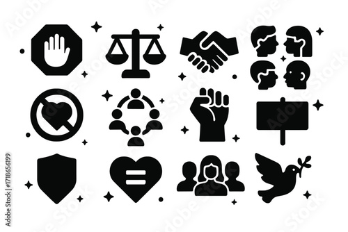Symbols of Unity. Anti-Discrimination. Solid icons set of stop sign, equality scale, handshake, diverse faces, no hate symbol, inclusive circle, raised fist,