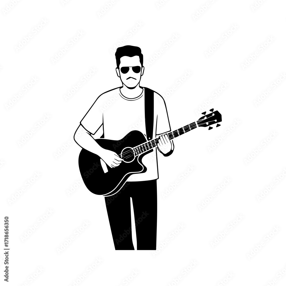 Fototapeta premium Black and white line art of a cool man playing guitar in casual outfit minimalist stylish illustration