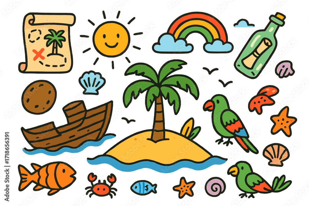 Fototapeta premium Deserted Island Adventure. Colorful Hand-drawn doodle Children illustration deserted island palm tree, broken boat, treasure map,