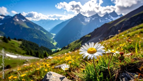 Fototapeta Naklejka Na Ścianę i Meble -  Alpine meadow with daisy in foreground, mountain valley background