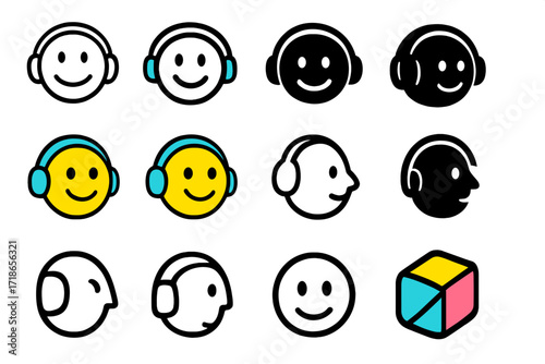 Zumba Fun Logos. Set Logo of Zumba Fun: Smiling face with headphones. Logo set in vector style, emblematic variations. line, bold thick line, solid black