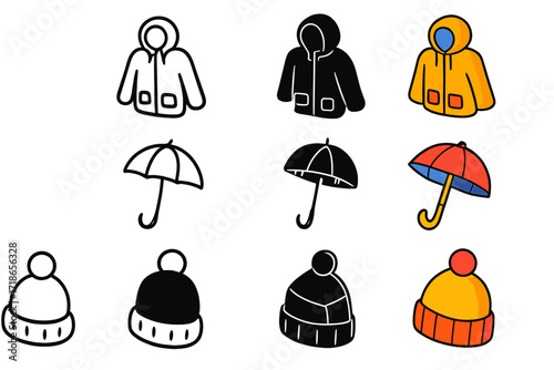 Weather Icon Set. Icon Set of Weather Readiness: Rain jacket, Umbrella, Warm hat. Icons set in vector style, emblematic variations. Rain jacket line, Rain