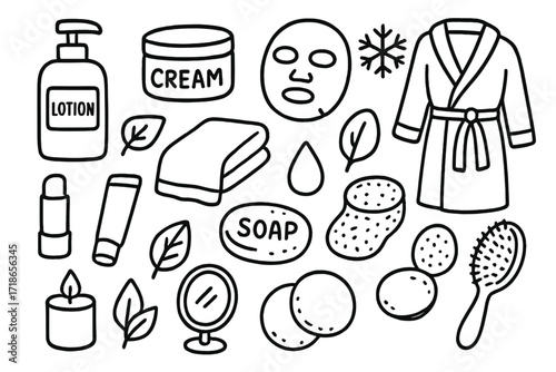 Winter Skincare Essentials. Hand-drawn doodle illustration skincare in winter lotion bottle, cream jar, face mask, lip balm, towel, snowflake, soap, sponge,