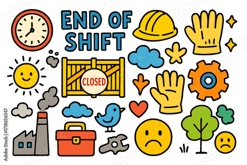 End of Shift Doodles. Colorful Hand-drawn doodle Children illustration End of Shift closed gates, clock, helmet, gloves, gear,