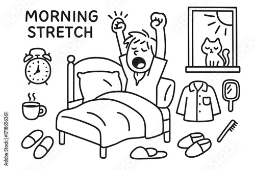 Morning Routine Doodles. Morning stretch. Hand-drawn doodle illustration morning stretch yawning face, stretching arms, bed, pillow, blanket, alarm clock, sun,