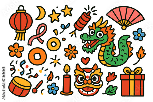 Lunar New Year Doodles. Colorful Hand-drawn doodle Children illustration Lunar new year lantern, dragon, firecracker, fan, star, moon, flower, ribbon, coin,