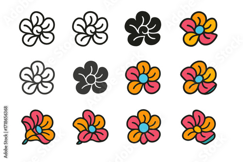 Colorful Flower Logos. Set Logo of Kids Making Tissue Paper Flowers: Vivid flower with curled petals. Logo set in vector style, emblematic variations. line,