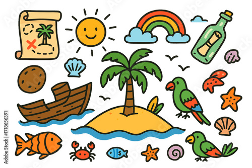 Deserted Island Adventure. Colorful Hand-drawn doodle Children illustration deserted island palm tree, broken boat, treasure map,