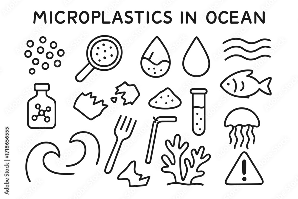 Obraz premium Ocean Microplastics Doodle. Hand-drawn doodle illustration microplastics in ocean microbead, magnifying glass, fish, drop of water, water current, chemical