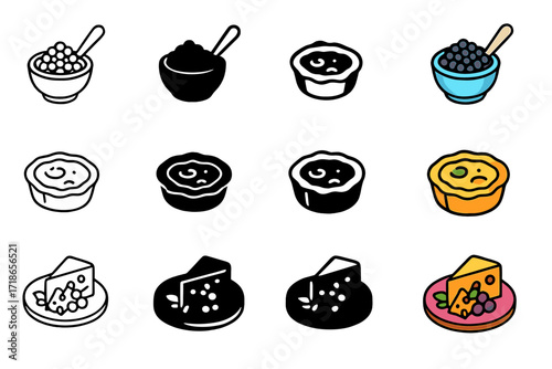 Luxury Appetizer Icons. Icon Set of Luxury Appetizers: Caviar bowl, Mini quiche, Cheese platter. Icons set in vector style, emblematic variations. Caviar bowl