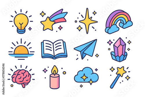 Colorful Inspiration Icons. Inspiration. Colorful isometric vector icons set of inspiration: light bulb, shooting star, spark, rainbow, sunrise, open book,