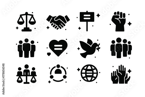 Social Equality Icons. Social Equality. Solid icons set of justice scale, handshake, equality symbol, protest sign, raised fist, diverse group, heart with