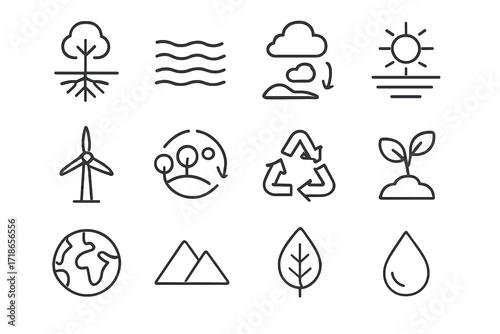 Eco Icon Set. Core environment. Line icon set of core environment: tree roots, soil layers, water cycle, sun energy, wind turbine, ecosystem circle, recycling