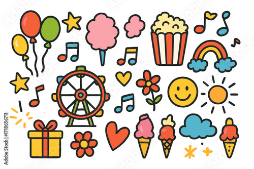 Carnival Doodle Fun. Colorful Hand-drawn doodle Children illustration Carnival Balloons [balloon, ferris wheel, cotton candy,