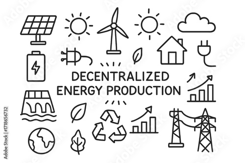 Decentralized Energy Doodles. Hand-drawn doodle illustration Decentralized energy production [solar panel, wind turbine, hydro dam