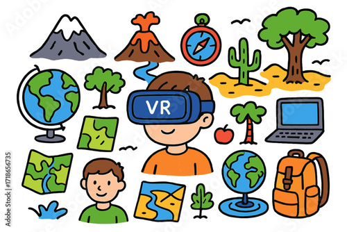 Geography VR Adventure. Geography VR. Colorful Hand-drawn doodle Children illustration VR headset, globe, mountain, volcano, river, desert, rainforest tree,